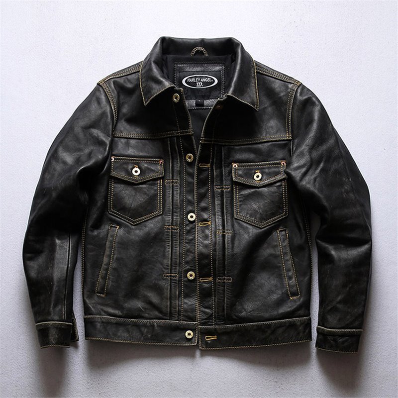 HARLEY ANGEL Ami Khaki Genuine Leather Jacket Men's Motorcycle Casual 507 First Layer Stone Polished Cowhide Leather Jacket HARLEY ANGEL Ami Khaki Genuine Leather Jacket Men's Motorcycle Casual 507 First Layer Stone Polished Cowhide Leather Jacket