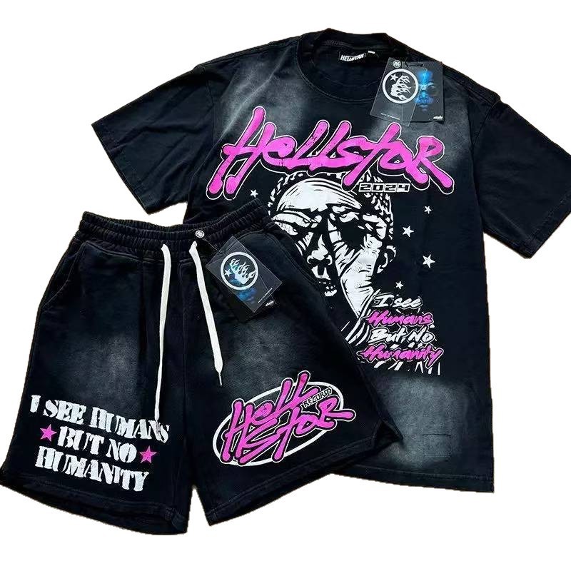 外国貿易クロスボーダー卸売アメリカンファッションヘルズスターレトロプリント夏の男性と女性のルーズ半袖カジュアルショーツスーツ|undefined