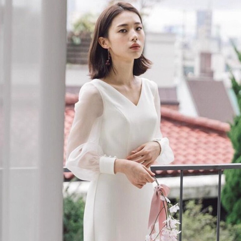 Light Wedding Dress French Super Fairy Simple White Satin Bridal Veil V Neck Long Sleeve Fairy Party Daily Dress for Women Light Wedding Dress French Super Fairy Simple White Satin Bridal Veil V Neck Long Sleeve Fairy Party Daily Dress for Women