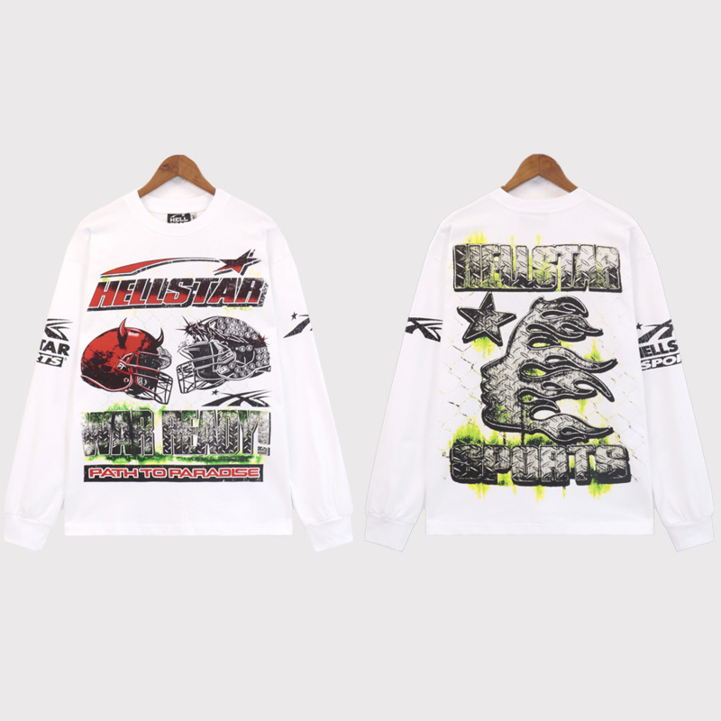 Hellstar アメリカのトレンディなハイストリートレトロウォッシュ加工プリントストリートロックスウェットシャツ長袖 Tシャツ男性と女性のトップス|undefined