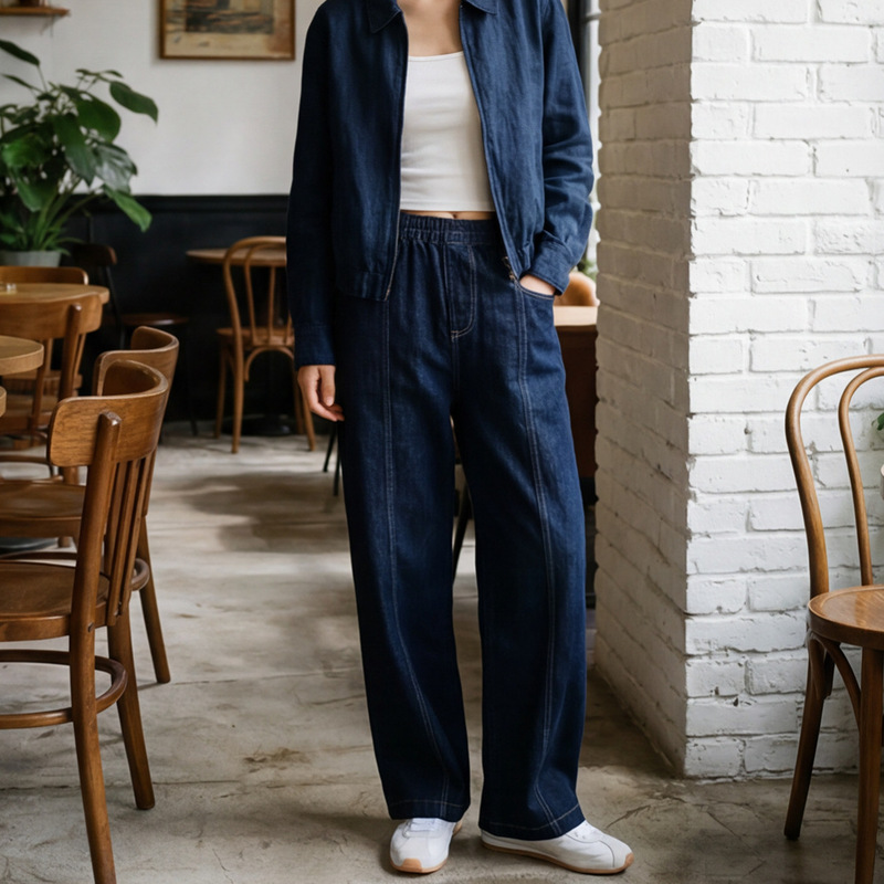 2026 Spring New Drawstring Velvet Denim Curved Pants Casual Style Summer Loose Versatile Elastic Waist Wide-Leg Pants