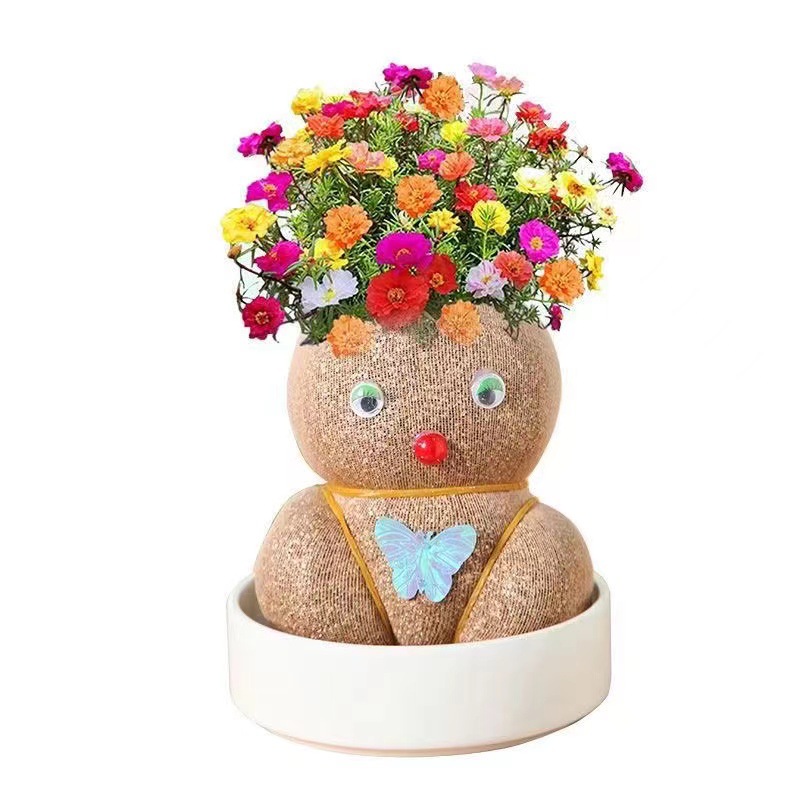 Muñeca de hierba larga plantación de hierba en la cabeza de hierba larga pequeña maceta de riego manual crecimiento pequeño hombre de hierba verde oficina de plantación de niños image 8
