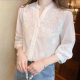 Solid Color Shirt for Women 2025 Summer Embroidered Cut Out Three-Quarter Sleeve V Neck Cotton Shirt, Fashionable Age-Reducing Work Clothing Shirt