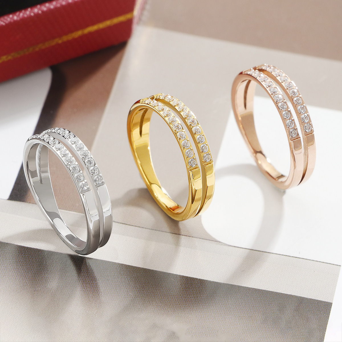 Cross-Border Hot Selling Titanium Steel Non-Fading Double-Layer Zirconia 22-Piece Ring Women's Niche Design Accessible Luxury Fashion Index Finger Ring