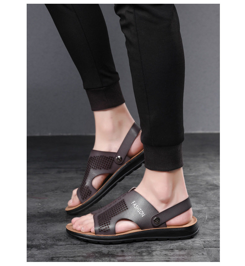 Dép sandal nam cỡ lớn hở ngón da PU chống trơn trượt, thoáng khí đi biển — Nâu Đen, Xanh lam đậm, Xám đậm, Đỏ rượu chi tiết 13