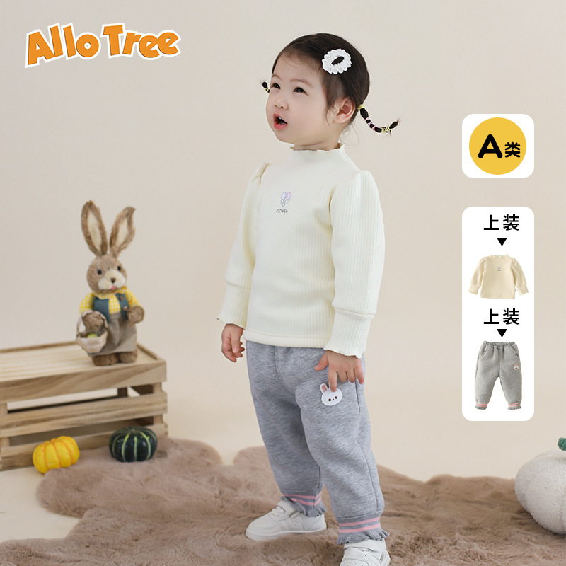 2025新女童加绒套装0-3岁a类保暖加绒上衣加厚绒束腿裤女童两件套