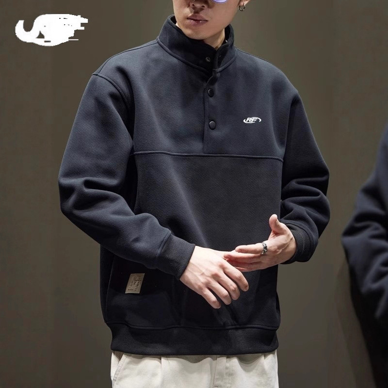 Heavyweight Button-Up Stand Collar Sweatshirt for Men, New American Retro Loose Embroidered Long-Sleeve Sports Jacket for Autumn