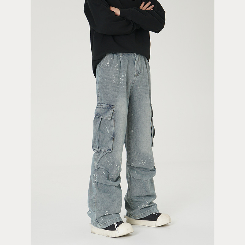 Vintage Cargo Jeans For Men – Distressed Multi-Pocket Streetwear Pants With Splatter Paint & Oversized Fit (S-XXXL) – Grunge Revival Essential_mkmklike.com