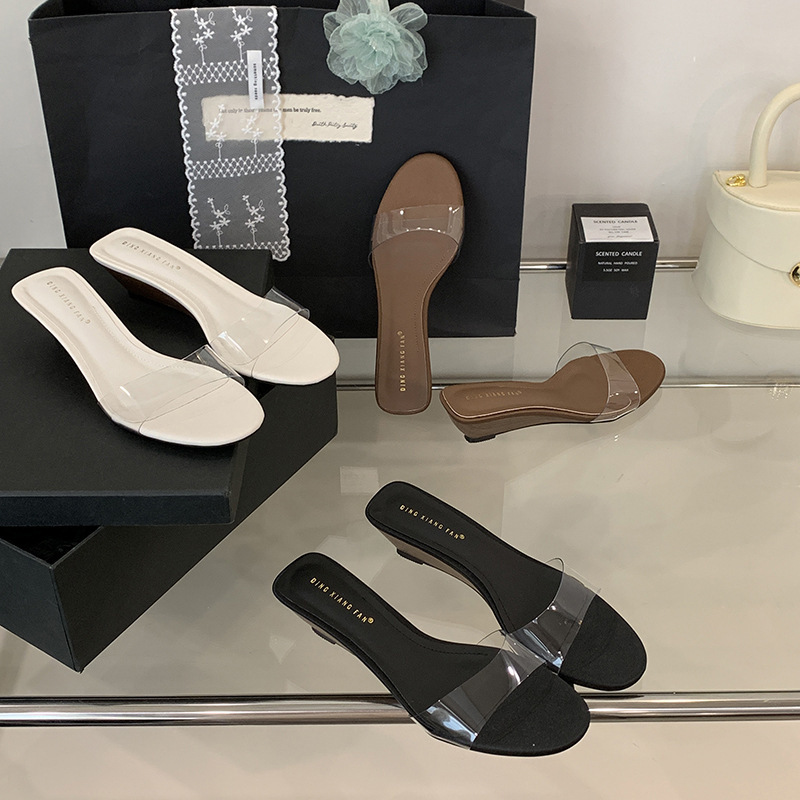 2026 French-Style Elegant Round-Toe Transparent Pvc Slippers, Fashionable Wedge Comfortable Open-Toe Sandals, Simple Versatile Women's Shoes