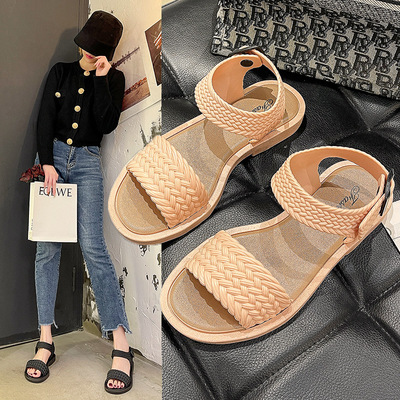 2021 New net red ins Rome Sandals Flat bottom Korean Edition Solid leisure time PVC Sandy beach Sandals
