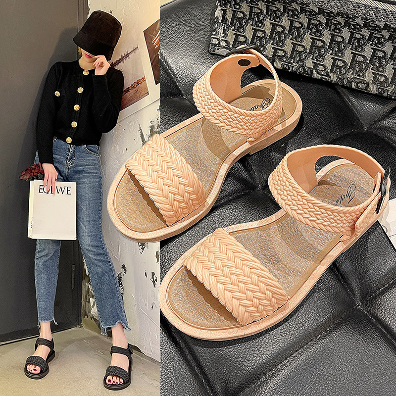 2021 New net red ins Rome Sandals Flat bottom Korean Edition Solid leisure time PVC Sandy beach Sandals