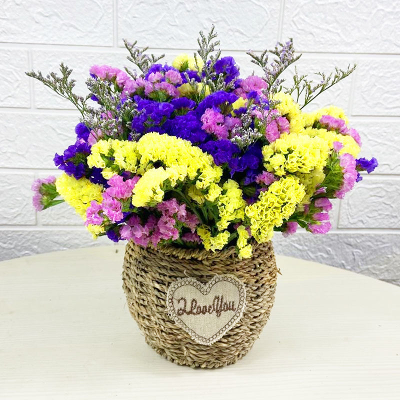 짙은 보라색, 분홍색, 노란색 + 연인의 풀 30개 - 둥근 배꼽 꽃바구니 포함