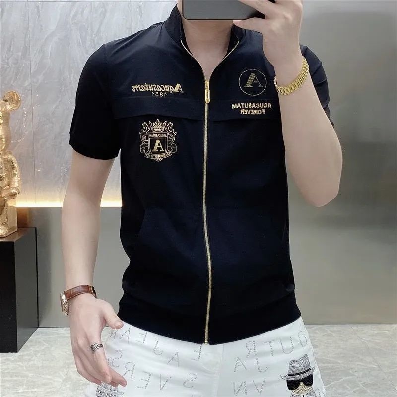 2025 Summer New European Style Short-Sleeve T-Shirt Slim Fit Stand Collar Fashion Trendy Brand Zipper Cardigan Top for Men