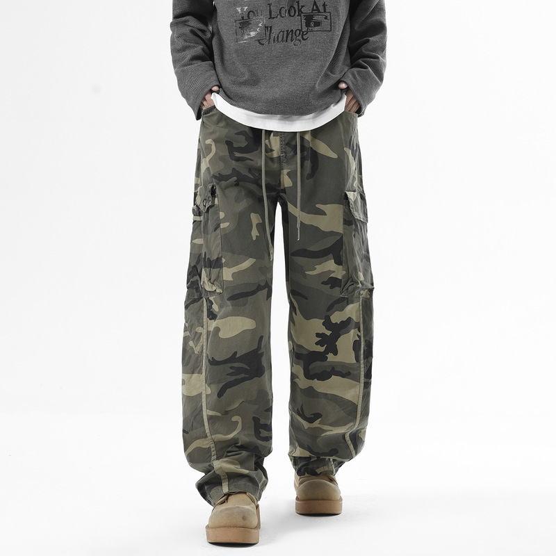 G-Stone Camouflage Wide-Leg Cargo Pants with Drawstring Elastic Waist and Multiple Side Pockets Casual Trousers