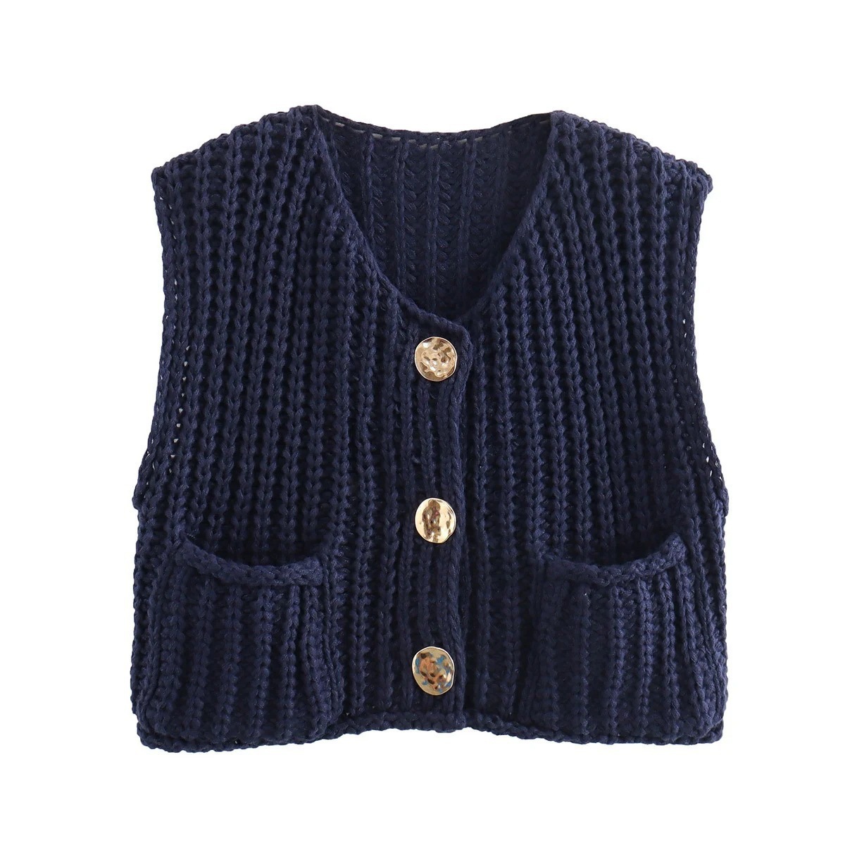 Venta rápida explosión de otoño y invierno 2024 nueva ropa de mujer bolsillo de estilo europeo y americano sin mangas chaleco de punto corto cardigans chaleco