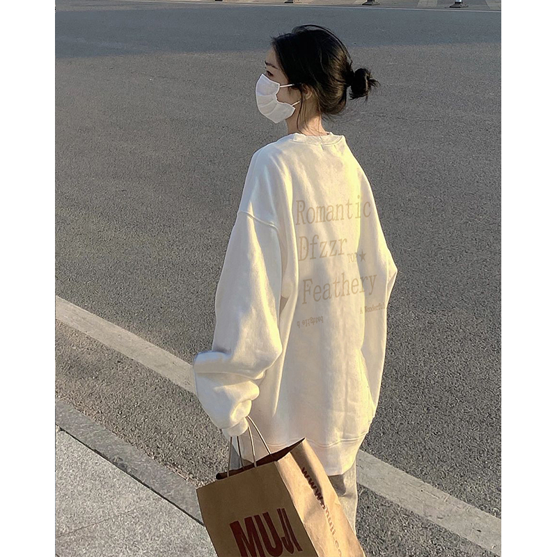 奶fufu白色无帽卫衣女春秋季2025新款圆领宽松慵懒风加绒加厚上衣|undefined