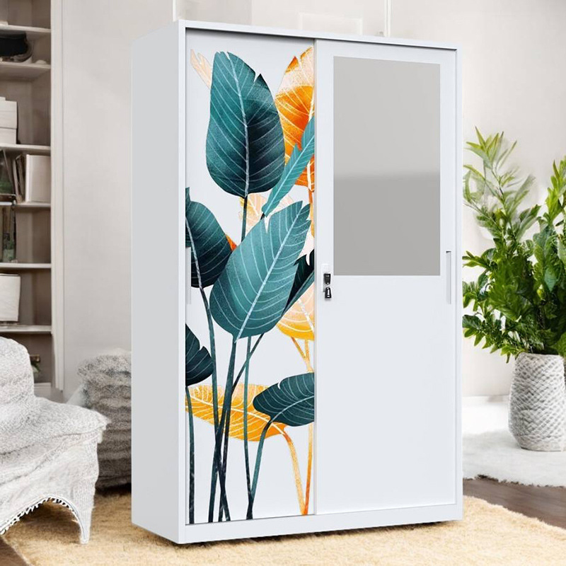 Ventas transfronterizas calientes de 2 puertas impresas armario de acero doméstico para niños puerta deslizante armario de almacenamiento apartamento dormitorio armario image 4