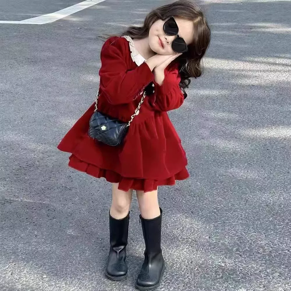 Рождественская девушка осень-зима платье 2024 новый год принцесса чужой ребенок бархатная юбка