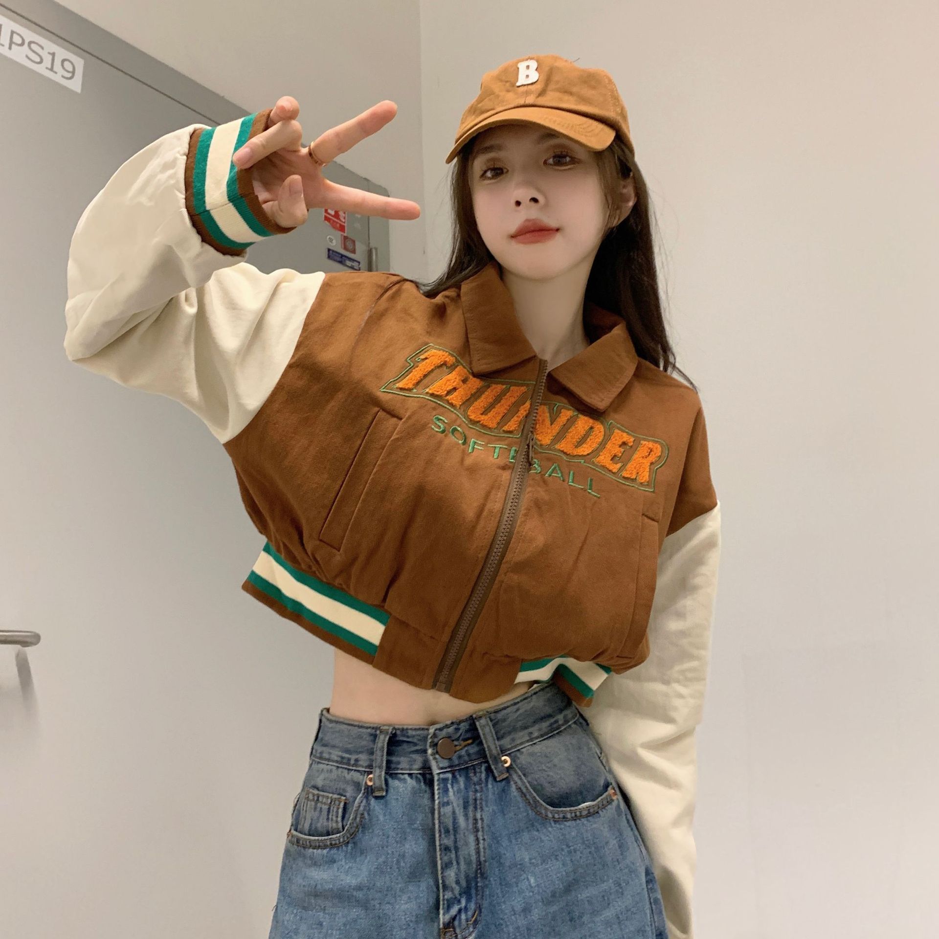外贸虾皮美式复古辣妹短款vintage棒球服设计感小众夹克长袖外套