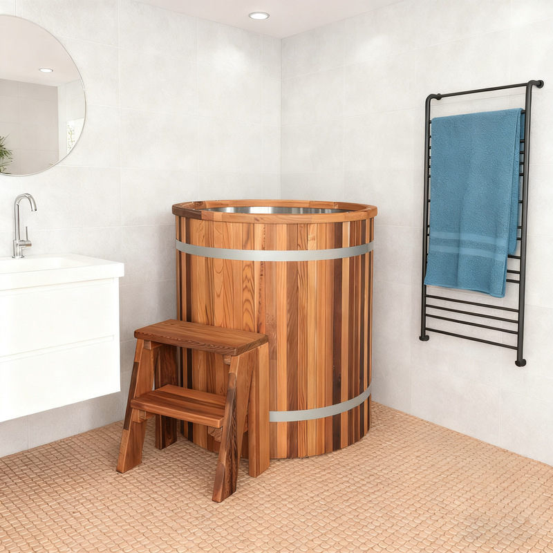 Caisen Cold Water Bathtub Fc-4 Single-Person Cold Water Tub with Red Cedar, White Pine, and Ironwood Exterior and 304 Stainless Steel Interior