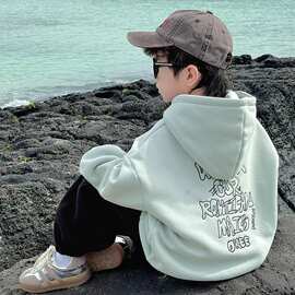 秋冬新款前后绣花后男童卫衣宽松连帽上衣时尚百搭休闲儿童套头衫