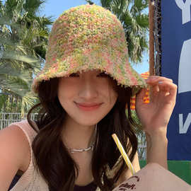 泫雅风彩色草帽女夏海边出游拍照防晒遮阳帽手工编织太阳帽沙滩帽