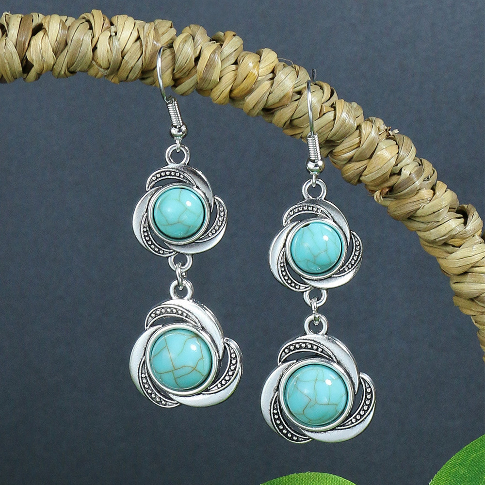 1 Pair Ethnic Style Round Inlay Alloy Turquoise Drop Earrings display picture 5