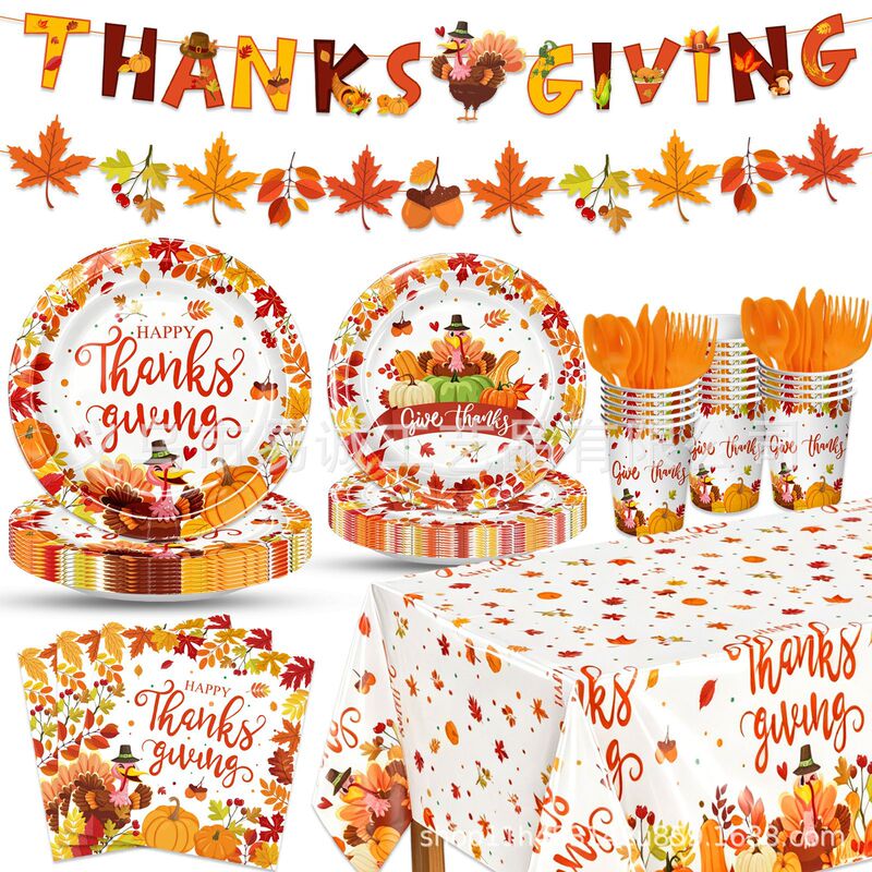Turkey Maple Leaf Thanksgiving Tableware Set Pumpkin Paper Plates Paper Cups Tablecloth Flag Autumn Harvest Holiday Party Supplies Turkey Maple Leaf Thanksgiving Tableware Set Pumpkin Paper Plates Paper Cups Tablecloth Flag Autumn Harvest Holiday Party Supplies