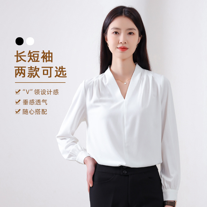 Chiffon Shirt for Women, New Plus-Size Women's Clothing, White Long-Sleeved Top for Work, Black Women's Shirt, Spring Style for Work