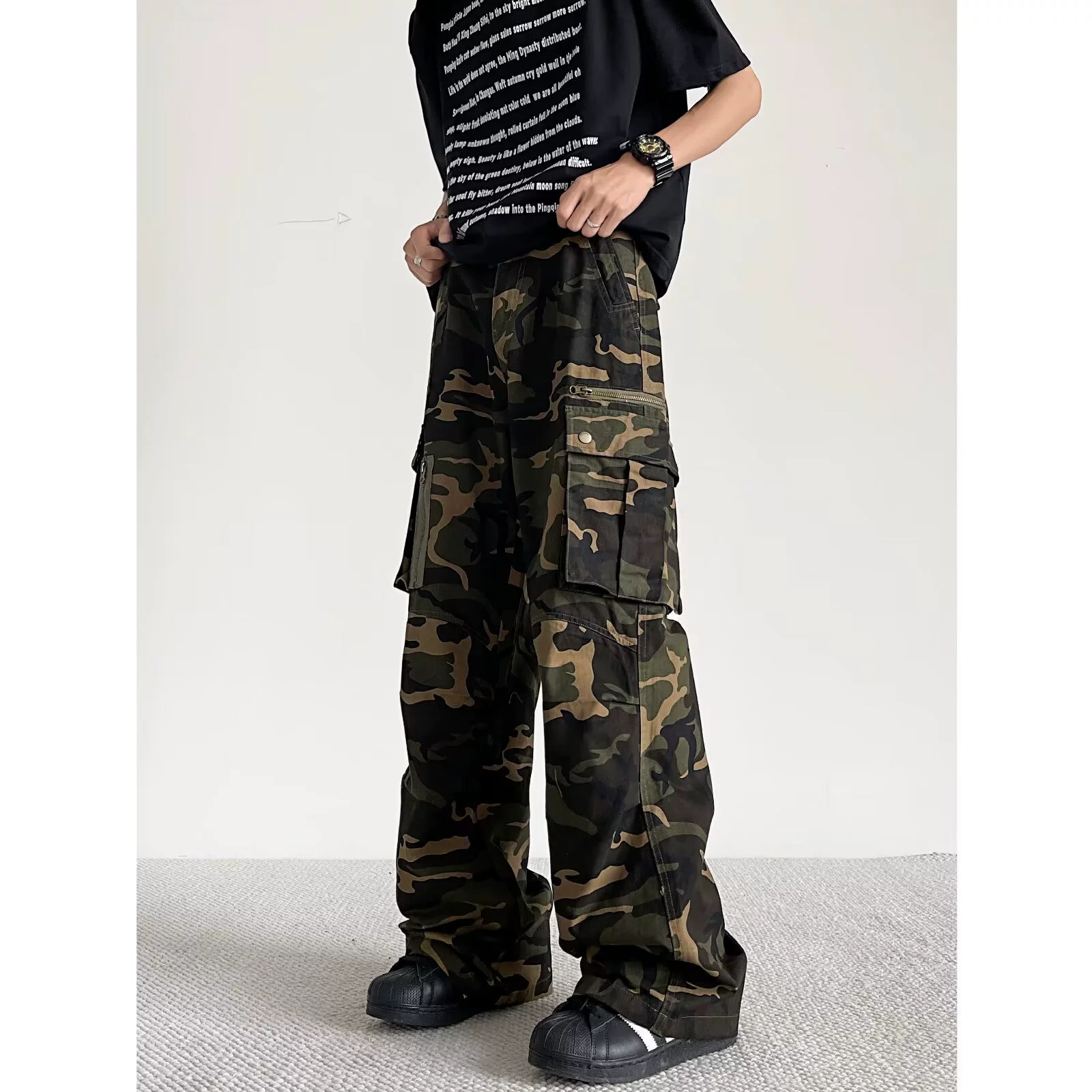 Американские уличные высокие улицы свободные прямые большие карманные брюки с высокой талией камуфляжные брюки hiphop