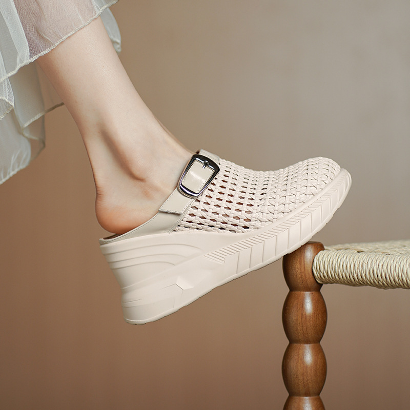Sandal cao gót nữ mũi hở đế xuồng 8.5cm da thật kiểu La Mã đan lưới — màu đen, màu mơ