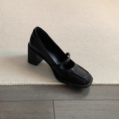 シープスキンバージョン〜スクエアトゥレトロハイヒールメリージェーンシューズワンラインバックル通勤ハイヒール気質太いヒールの女性用シングルシューズ