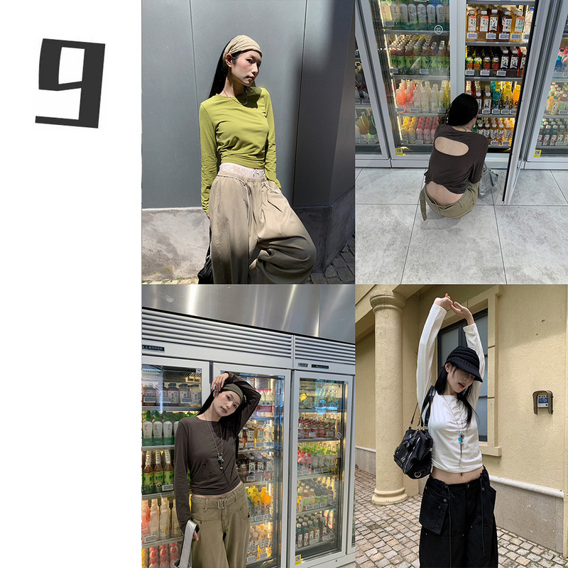 [9Hour] Stylish Backless Hollow-Out T-Shirt for Women 2026 Pure Desire Style Shoulder-Length Long-Sleeve Top for Women Zh68