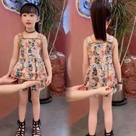 母女亲子装套装中大女孩子夏季玫瑰花吊带裙网红短裤洋气碎花两件