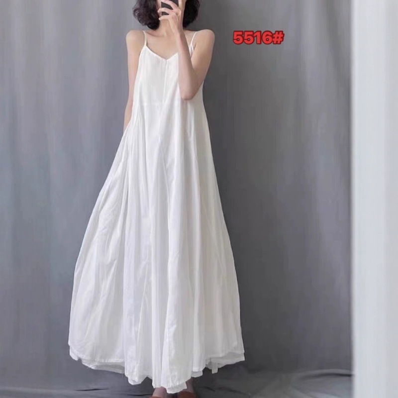 Pure White Simple Double-Layer Suspender Dress for Women 2025 Summer New Style Literary and Fresh Pure Color Cotton Long Skirt