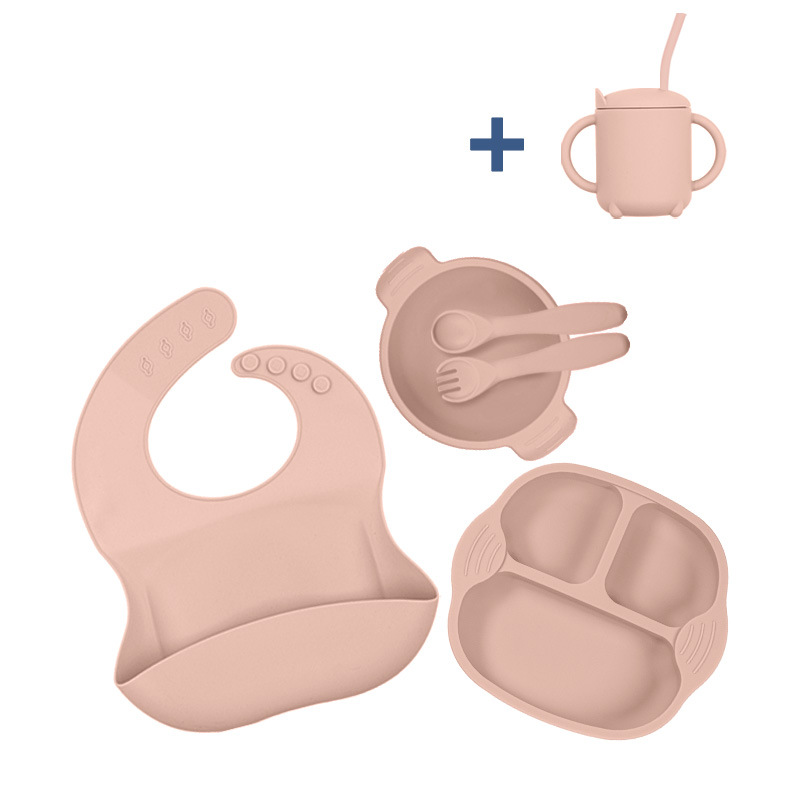 Nuevo traje de vajilla de suplemento alimenticio para niños transfronterizos Placa de silicona tazón tenedor cuchara babero taza de seis piezas conjunto de vajilla de alimentación
