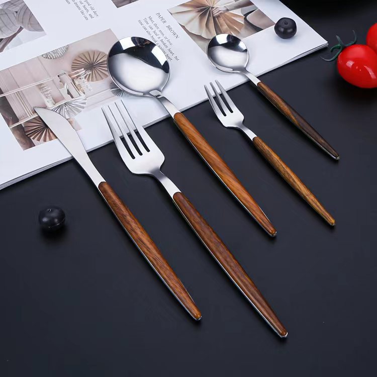 仿木柄餐具刀叉套装创意勺子西餐牛排刀咖啡勺家用不锈钢餐具套装