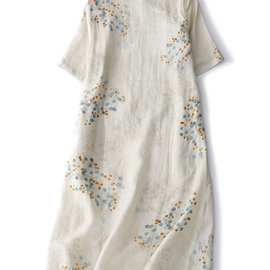 捡漏~专柜中式苎麻旗袍长裙盘扣斜襟碎花气质棉麻连衣裙