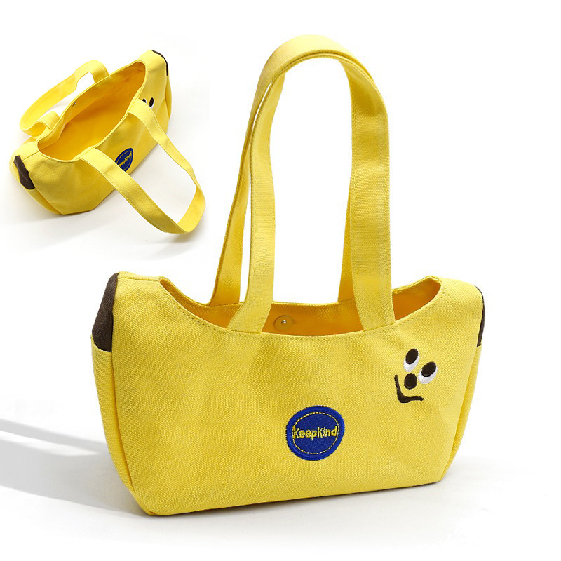 Cartoon Smiling Face Banana Handbag with Magnetic Clasp, Large Capacity Portable Lunch Bag for Students and Office Workers