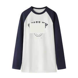 现货2025冬新款宽松撞色拼接字母笑脸印花T恤MBE4TEE004