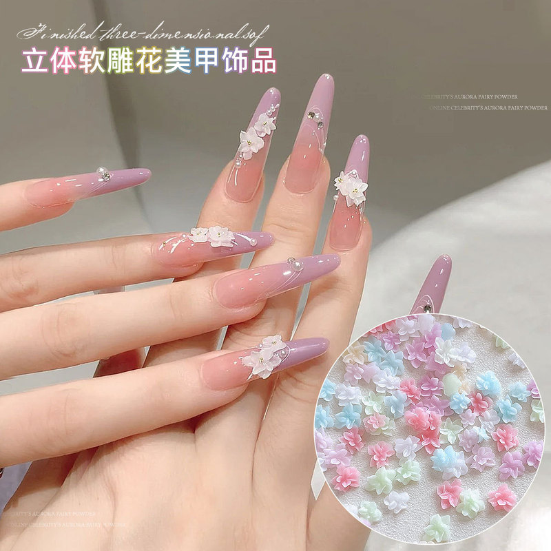 Chinese Style Soft Carved Nail Art Jewelry New Size Mixed Artificial Three-Dimensional Flowers Wearable Nail Diamond Decoration Wholesale