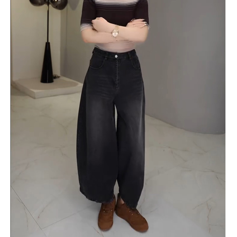 牛仔裤女士早秋新子显瘦九分裤高腰弯刀阔腿裤黑色|undefined