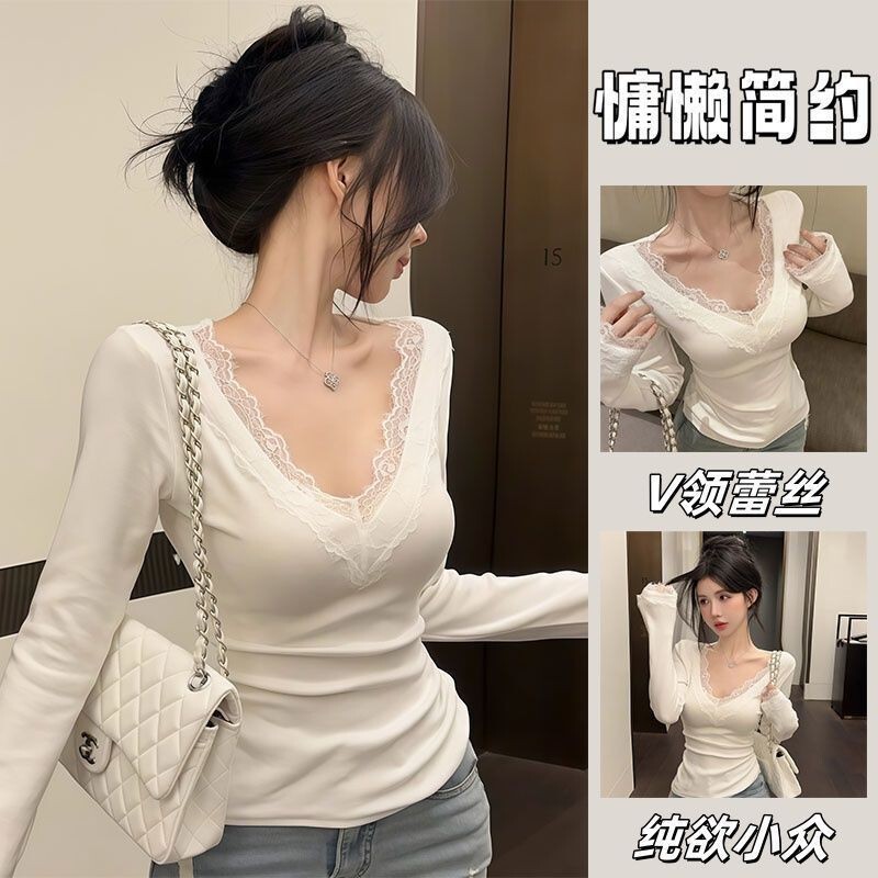 Pure Desire Lace White Long Sleeve German Velvet Bottoming Shirt Women's Autumn New High-Quality Slim Fit Top Trendy