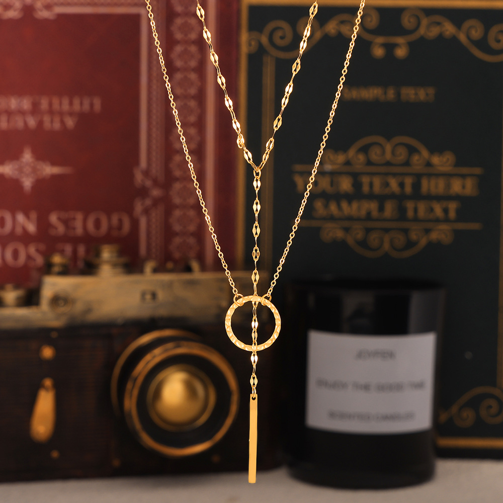 Versión coreana de elementos geométricos simples, colgante de anillo, collar de borla en forma de Y, se puede apilar para usar, viento frío, acero de titanio, cuello chapado en oro