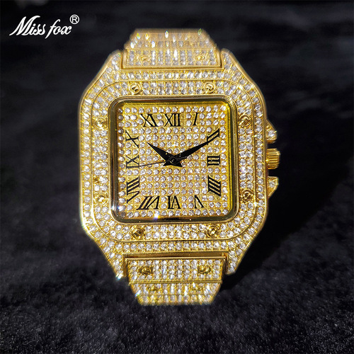 missfox European and American golden Roman high-end hip-hop star-studded diamond square men's watch fashion quartz watch