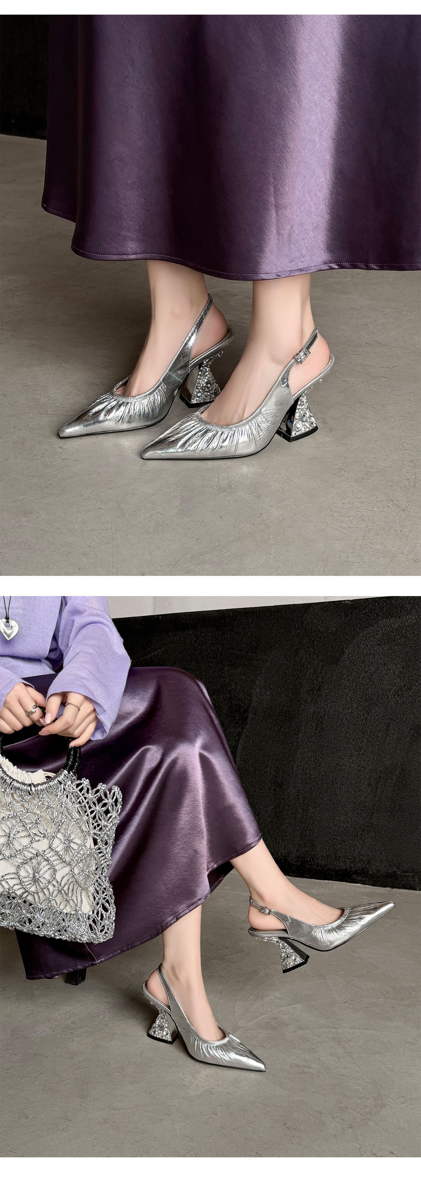 Sandal cao gót nữ mũi nhọn hở mũi quai sau xếp ly đính đá — màu đen, màu vàng, bạc chi tiết 14