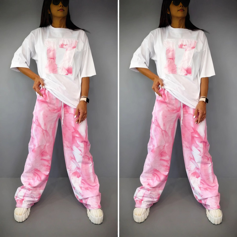 Temu Tiktok2025 European and American African Street Casual T-Shirt Long Pants Printed Two-Piece Suit