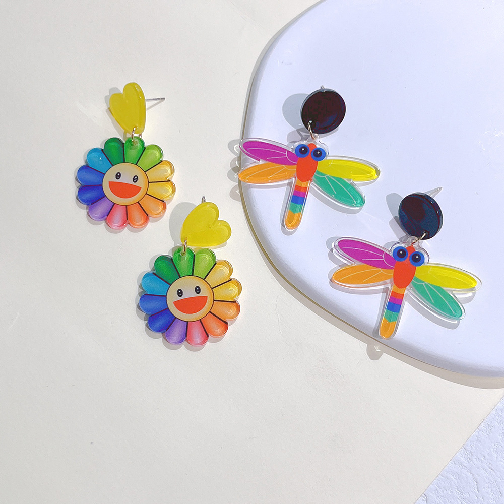 1 Pair Cartoon Style Heart Shape Flower Dragonfly Arylic Epoxy Women's Drop Earrings display picture 1