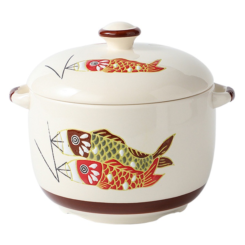 Japanese Underglaze Ceramic Stew Pot Hand-Painted Carp Relief Water-Proof Stew Pot with Lid Buddha Jumping Wall Dessert Bird's Nest Soup Cup