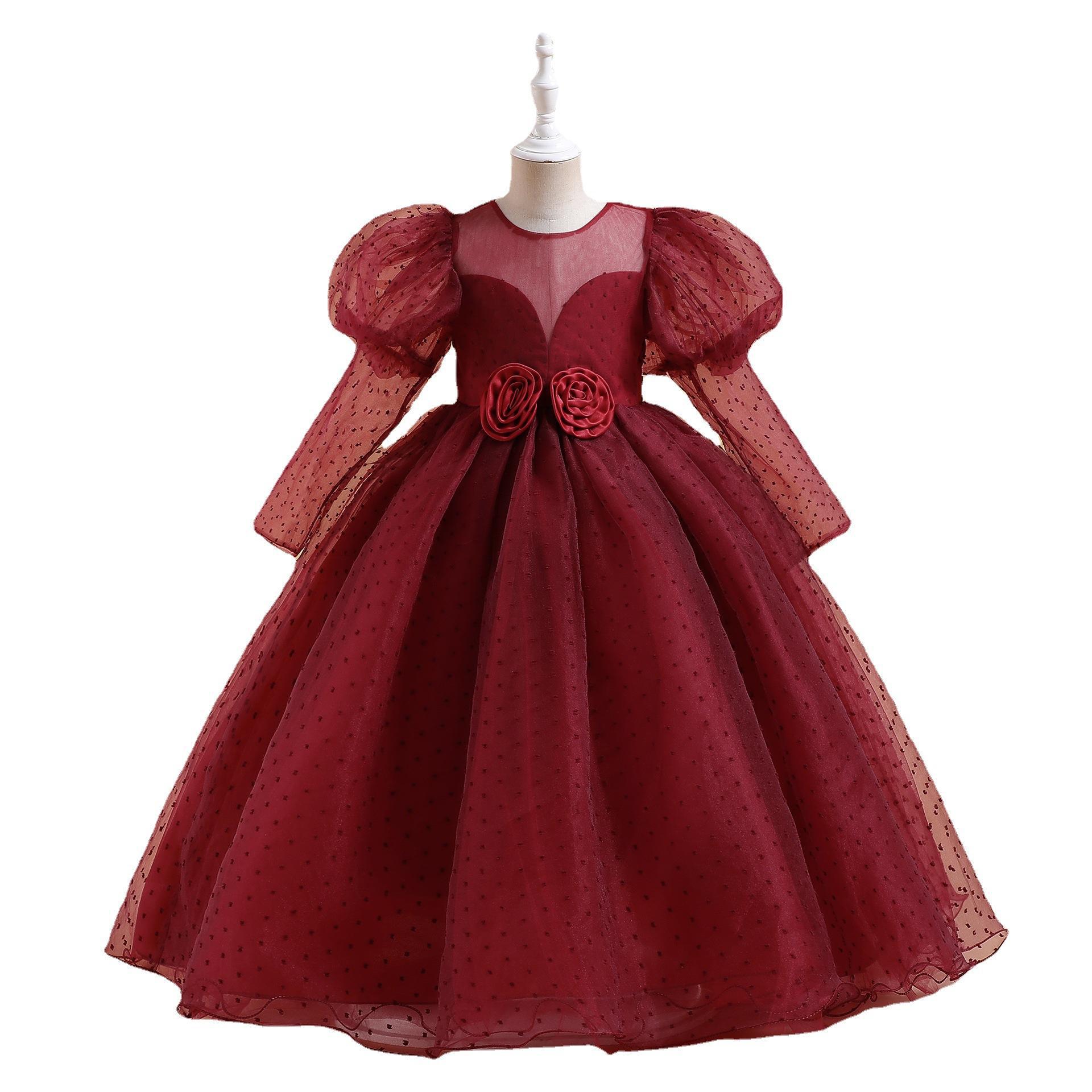 Europa y América nuevo medio y grande vestido de los niños burbuja manga larga princesa mullida gasa vestido piano rendimiento vestido de noche vestido
